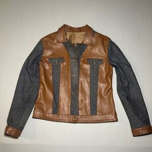 Senso Unico Jacket Womens‎ XL Denim Leather Jean Patchwork Brown Blue 90's Italy